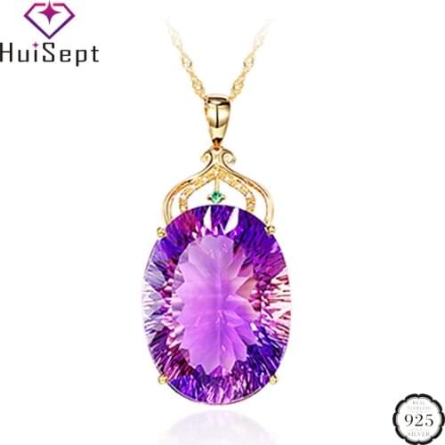 HuiSept Elegant Silver 925 Necklace Oval Shape Amethyst Gemstone Pendant Jewelry Ornaments for Female Wedding Promise Party Gift