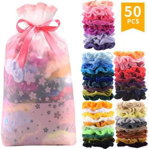 50 Pcs Velvet Elastic Hair Bands Hair Scrunchies Stretchy Elastic Ponytail Loop Holder JL