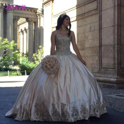 Luxury Gold Lace Sweet 16 Quinceanera Dresses 2020 Ball Gown Crystals Plus Size Satin Masquerade Vestidos 15 Anos Prom Dress