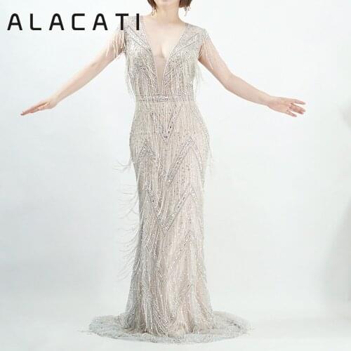 Silver gray crystal tassel high-end luxury heavy work handmade evening dress female V-neck sexy export Middle East fishtail even