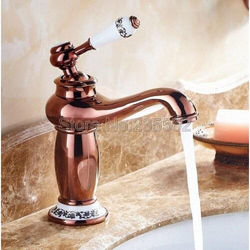 Rose Gold Brass Bathroom Basin Faucet Ceramic Lever Deck Mount Vessle Sink Mixer Tap Lnf502