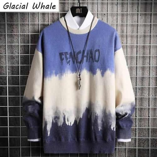 GlacialWhale Oversized Mens Knitted Sweater 2020 Patchwork Jumper Gradient Sweaters Pullover Hip Hop Harajuku White Sweater Men