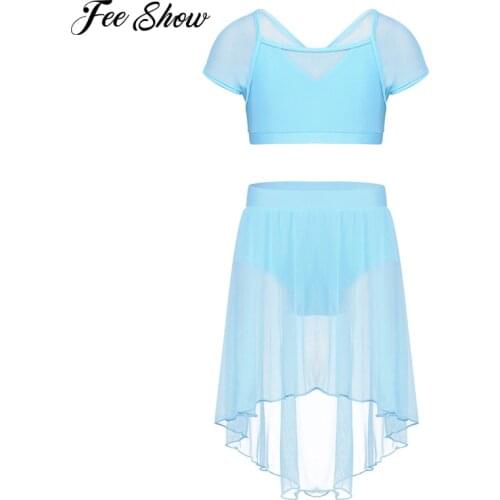 Leotards for Girls Kids Splice Cap Sleeves Gymnastic Dancewear Ballerina Costumes Lyrical Dance Crop Top with Mesh Skirt Set