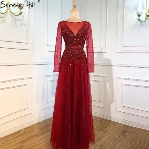 Wine Red A-Line Evening Gown Long 2021 Dubai Beading Long Sleeves Sexy Formal Dress Design BLA70734 Serene Hill