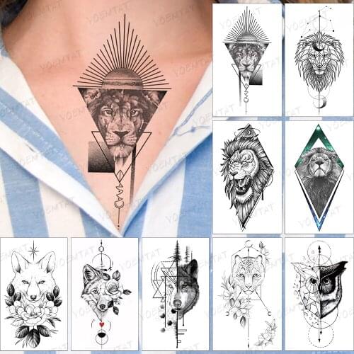 Waterproof Temporary Tattoo Sticker Black Geometric Linear Planet Lion Animal Tattoo Woman Man Child Fake Flash Tattoos
