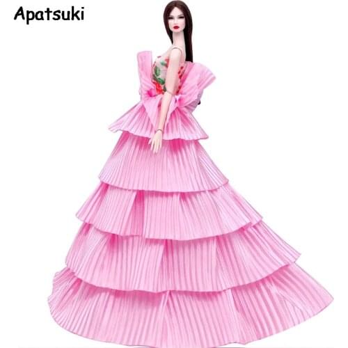 Floral Pleated Pink Fashion Doll Clothes For Barbie Doll Outfits Cake Dress Wedding Dresses For 1/6 BJD Doll Toys For Children