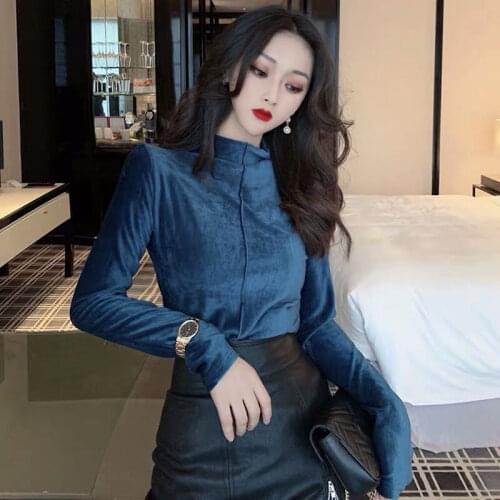Blouse Women 2020 Velvet Long Sleeved Fitted Shirts Turtleneck Pullover Top Female Blusas Ropa De Mujer