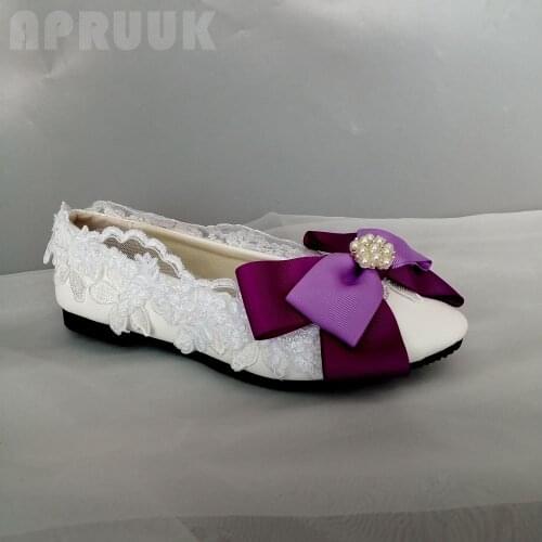 Ladies womans flats purple butterfly-knot shoes sweet lace handmade slip-on white party dinner ceremony flats shoes plus size