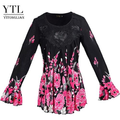 Ytl Womens Flower Bloom Print Pleated Casual Loose Tunic Tops Applique Elegant Plus Size BlouseFor Female 6xl 7xl 8xl W005