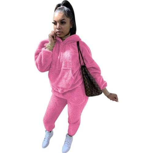 Women Solid Plush Thick Hoodies Two Piece Set Fleece Hooded Long Sleeve Pocket Sweatshirts Top Pencil Pants Casual Tracksuit