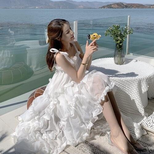 Women Irregular Cake White Dress Mesh Lace Pleated Fairy Holiday Dress Woman Sexy Spaghetti Strap Party Night Club A-Line Dress