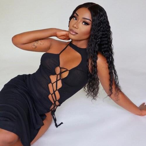 Bandage Hollow Out Maxi Dress Women Sexy Bodycon Black Summer Fall 2021 Halter Sleeveless Streetwear Aesthetic Female Clothing