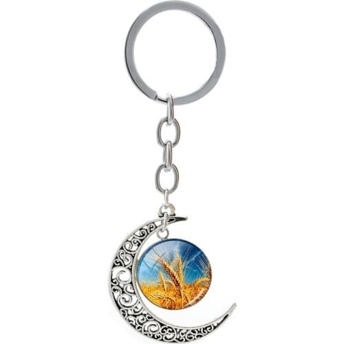 Golden Ear of Wheat Picture Moon Accessories Keychain Foodstuff Harvest DIY Metal Key Ring For Workers Fathers Day