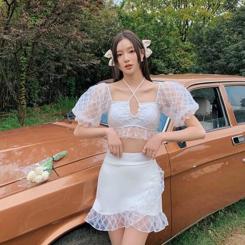 2021 New Korean Cute Two Piece Swimsuit Close-fitting Slender Sexy Backless White High Waisted Swimsuit Women