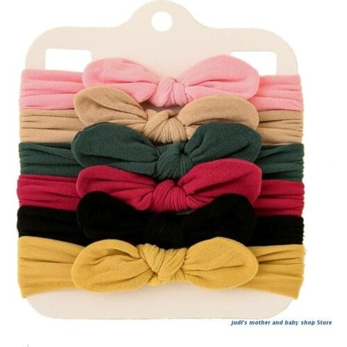 67JC 6 Pcs Solid Color Elastic Soft Nylon Bowknot Hair Bands Baby Girls Bow Headbands