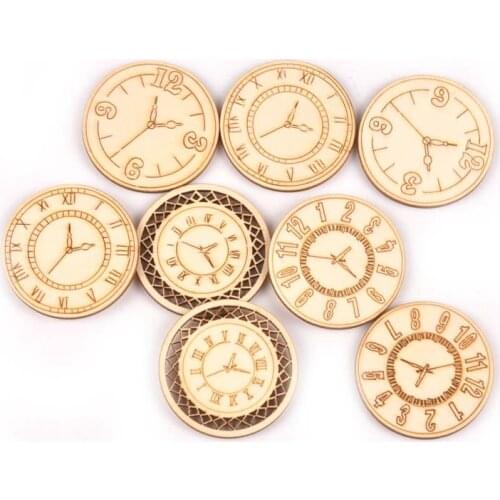 8pcs 45mm Mixed Roundness Clock Pattern Wood DIY Scrapbooking Crafts Creativity Wooden Ornament For Home Decoration M2144