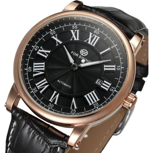 FORSINING Brand Luxury Men Automatic Watches Rome Auto Date Gold Case Business Mechanical Watch Brown Leather Mens Dress Clock