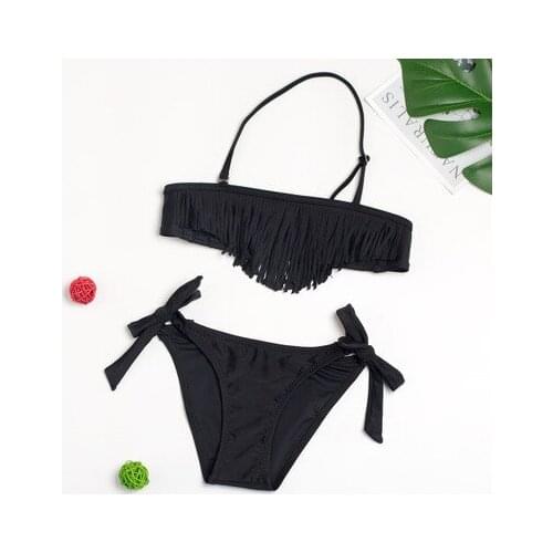 Girls Two Piece Bathing Suit Adjustable Straps Tassel Swimsuit Solid Color Lace-Up Thong Cute Childrens Swimwear