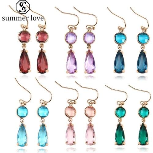 Fashion Multilayer Glass Crystal Earrings Blue Pink Teardrop Drop Earring for Women Statement Kawaii Boho Jewelry Wholesale