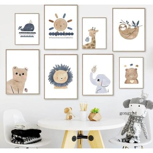 Cartoon Sun Rainbow Bear Elephant Giraffe Sloth Nordic Poster Cute Animal Canvas Painting Print Wall Art Picture Kids Room Decor