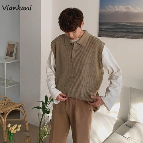 Men Vests Autumn Korean Kintted Lapel Loose Knitwear Sweater Vest 2021 Fashion Waistcoat Sleeveless Clothes Loose Tops