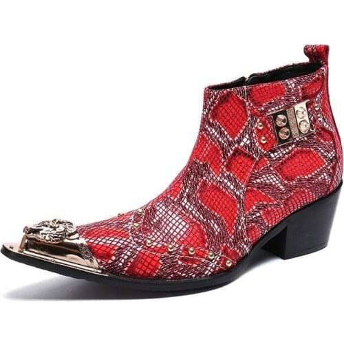 Western Cowboy Mens Boots Red Leather Ankle Boots Pointed Toe 3-5cm Red Party and Wedding Dress Boots Botas Hombre