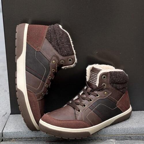 Mens Leather High-Top Cotton Shoes Winter Plus Fleece Warm Lace-Up Sneakers Outdoor Non-Slip Keep Warm Casual Snow Cotton Boots