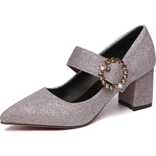New Female High Heels Buckle Rhinestone Fashion Thick Heel Sequins Party Casual Pointed Sexy Temperament Womens Shoes B23-21