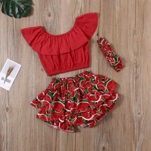 New Sweet Baby Girl Ruffle Red Tops Watermelon Shorts Kid Sunsuit Toddler Clothes Yellow shirt+Pineapple Shorts+Bandana 3PCS Set
