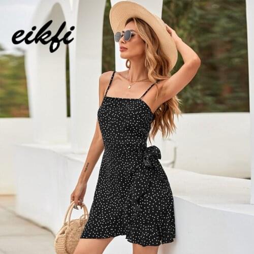 EIKFI Dot Ruffle Detail Self Tie Wrap Slip Dress Women 2021 Summer Ladies Boho Sleeveless High Waist Beach Strap Mini Dress New