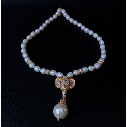 10-11mm white rice freshwater cultured pearl micro inlay zircon elephant accessories necklace 20mm shell pearl pendant long 53cm