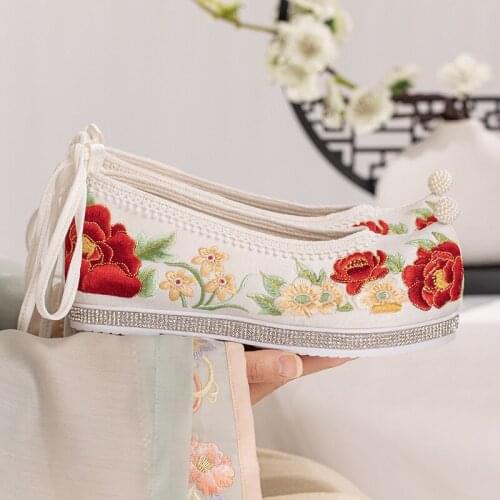 Womens Embroidery Floral Rhinestones Sequins Hanfu Pearls Hidden Heel Shoes Chinese Styles Riding New White