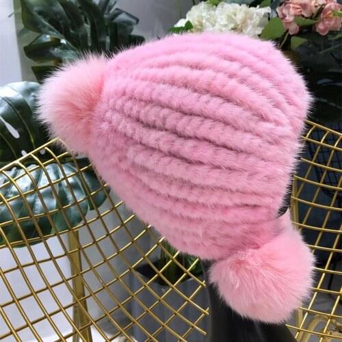 Real Mink Fur Knitted Hats Autumn Winter Hat Womens Luxury Winter Lady Warm Caps Real Fur Fox Ball Earmuffs Women Knitted Hats