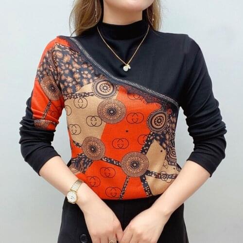 Woman Tshirts Womens Spring and Autumn Lace Diamond Large Size Long Sleeve Turtleneck Middle-Aged T-shirt Ropa Mujer Camisetas