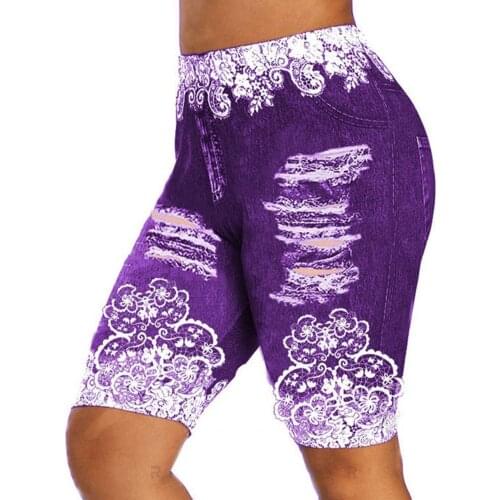 Women Shorts High Waist Print Ripped Hole Leggings Women Knee Length Skinny Gym Shorts Half Women Ripped Hole Gym Shorts