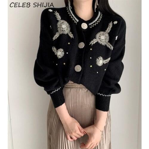 Beading Embroidery Knit Cardigan Woman Autumn Luxury Single-breasted Elegant Sweater Woman White Black Loose Coat Pearl Fall