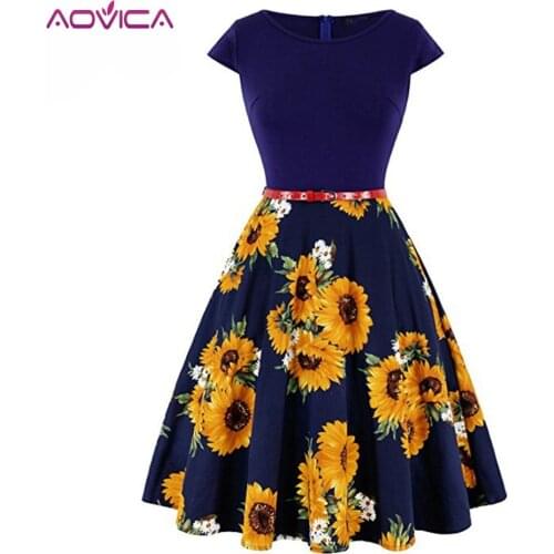 Aovica Summer Women Vintage Dresses Retro Cap Sleeve O Neck Floral Printed Rockabilly Pin Up Skater Dress Casual New Vestidos