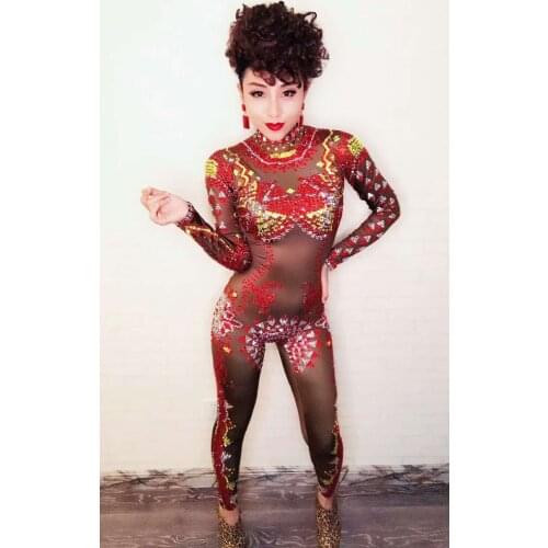 Shining Red Rhinestones Sexy Rompers Costume Bling Jumpsuit Womens Outfit Bodysuit Birthday Celebrate Wear Female Singer Wear