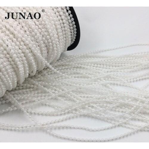 JUNAO 100 Yard 3mm White Pearl Beads Chain Rhinestones Trim Garland Banding Pearl String Pearl Applique for Wedding Decor Crafts