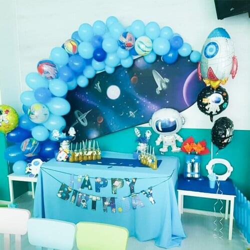 Kids birthday party decor Outer space spaceship Astronaut themed parties Banner whirls planet Happy birthday balloon boy favors