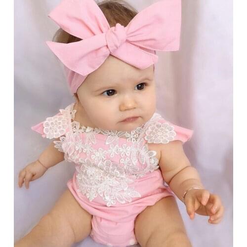 Newborn Infant Baby Girls Lace Floral Romper Jumpsuit Sleeveless Tops Headband 2PCS Girls Princess Romper Outfits Sunsuit