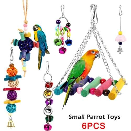 Bird Swing Chewing Toys Parrot Hammock Bell Toys Parrot Cage Toy Bird Perch with Wood Beads Hanging 6pc/set