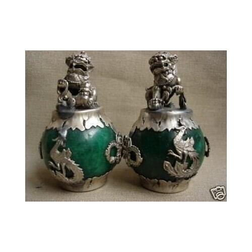 Collection Qing Dynasty a pair of Silver&jade Lion Hydrangea,free shipping