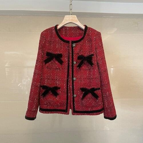 Red plaid Tweed Jacket coat 2021 Autumn winter Womens Jacket New Bow pocket Long Sleeved Hit COlor Outerwear