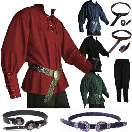Men Medieval Renaissance Grooms Pirate Reenactment Larp Costume Lacing Up Shirt Bandage Top Retro Clothing Adult Pants Belt