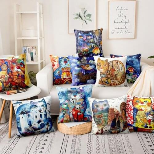Watercolor Art Cat World Illustration Thin Linen Pillowcase Fairy Tale Cushion Decorative Pillow Home Decor Sofa Throw 45*45cm