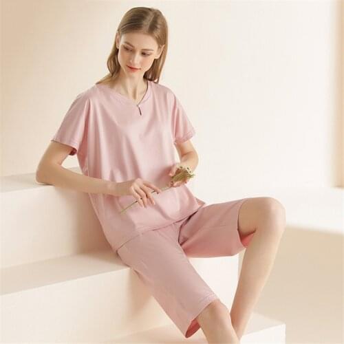 New Short Sleeve Pajamas Set For Women Cotton Sleepwear 2pcs Nightwear Cute Solid Color Female Homewear Summer Lounge Pyjamas