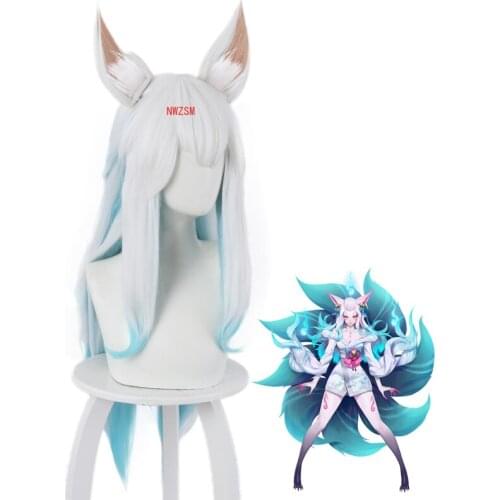 Game Spirit Blossom Ahri Wig With Ears Cosplay Costume Heat Resistant Synthetic Hair Women White Mixed Blue Long Wigs