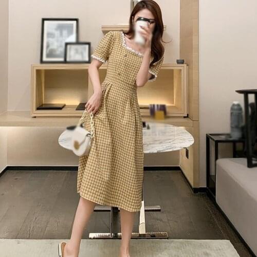 Plaid Dress For Women Vintage Summer Short Sleeve Square Neck Dresses Female Party Dress Fashion Women Clothing
