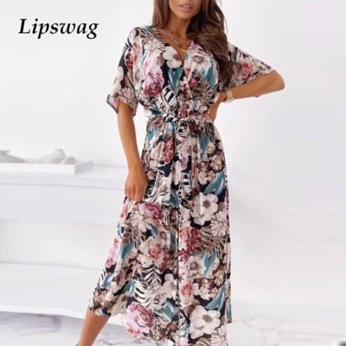 Women Elegant Floral Print Lace-Up Elastic Waist Dress Summer Sexy Slim V Neck Beach Party Dress Casual Short Sleeve Long Dress